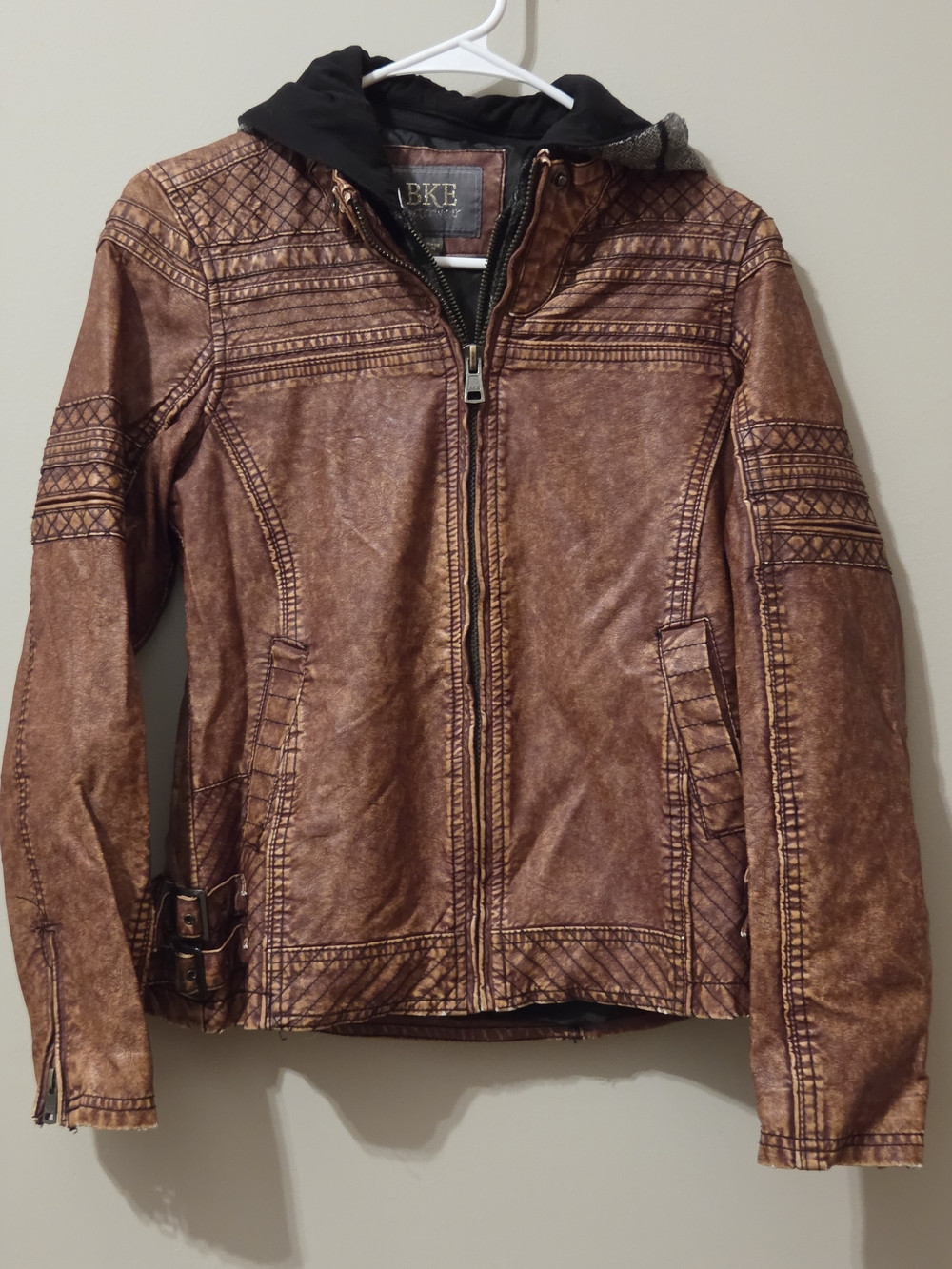BKE Distressed Brown Faux Leather Hooded Jacket